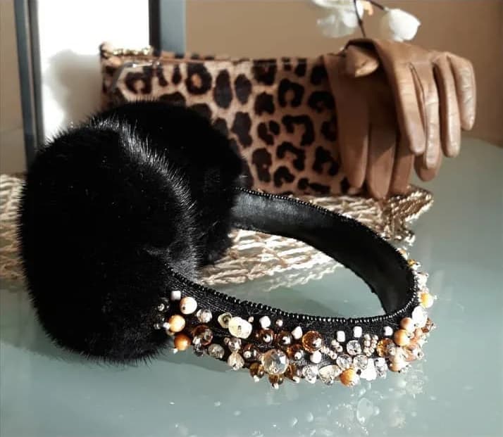 Black mink earmuffs with natural stones
